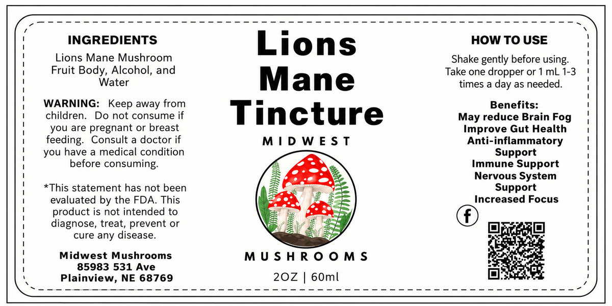 Lion's Mane tincture label with ingredients, directions, and product details