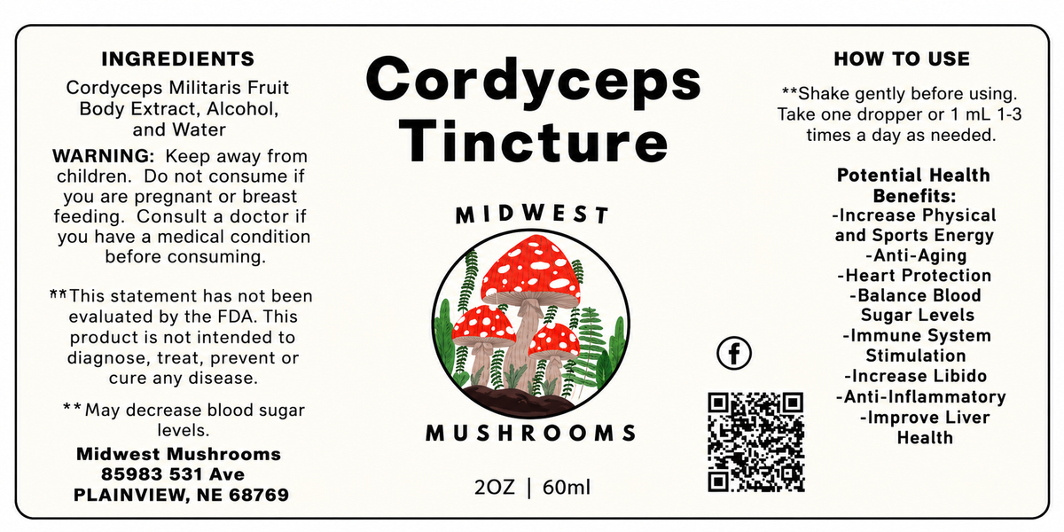 Cordyceps tincture label with ingredients, directions, cautions, and product details