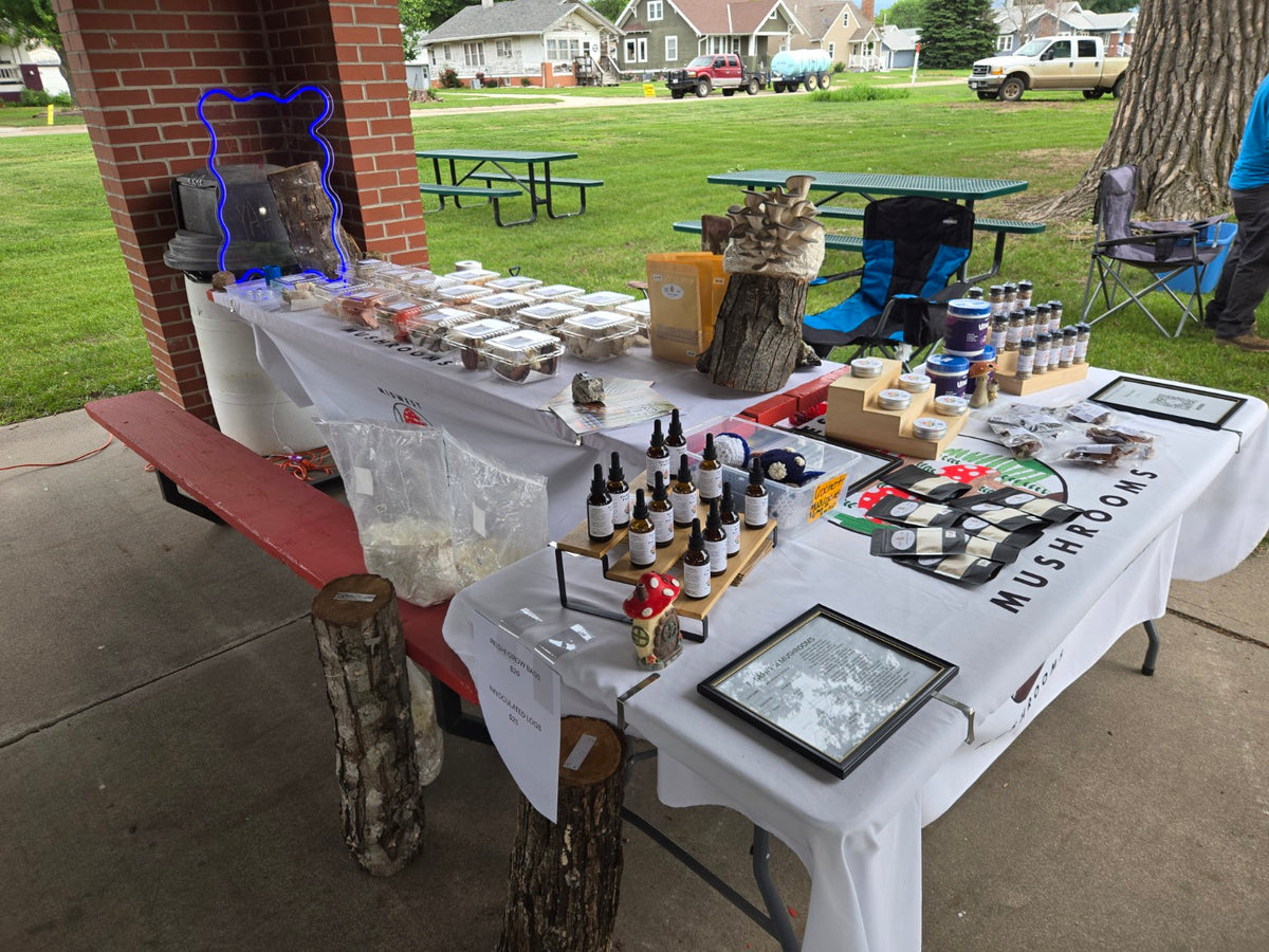 Midwest Mushrooms display at the Plainview Farmers Market