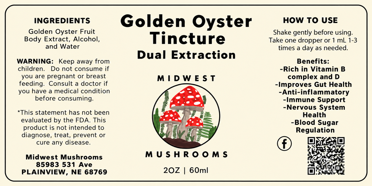 Golden Oyster tincture label with ingredients, directions, cautions, and product details
