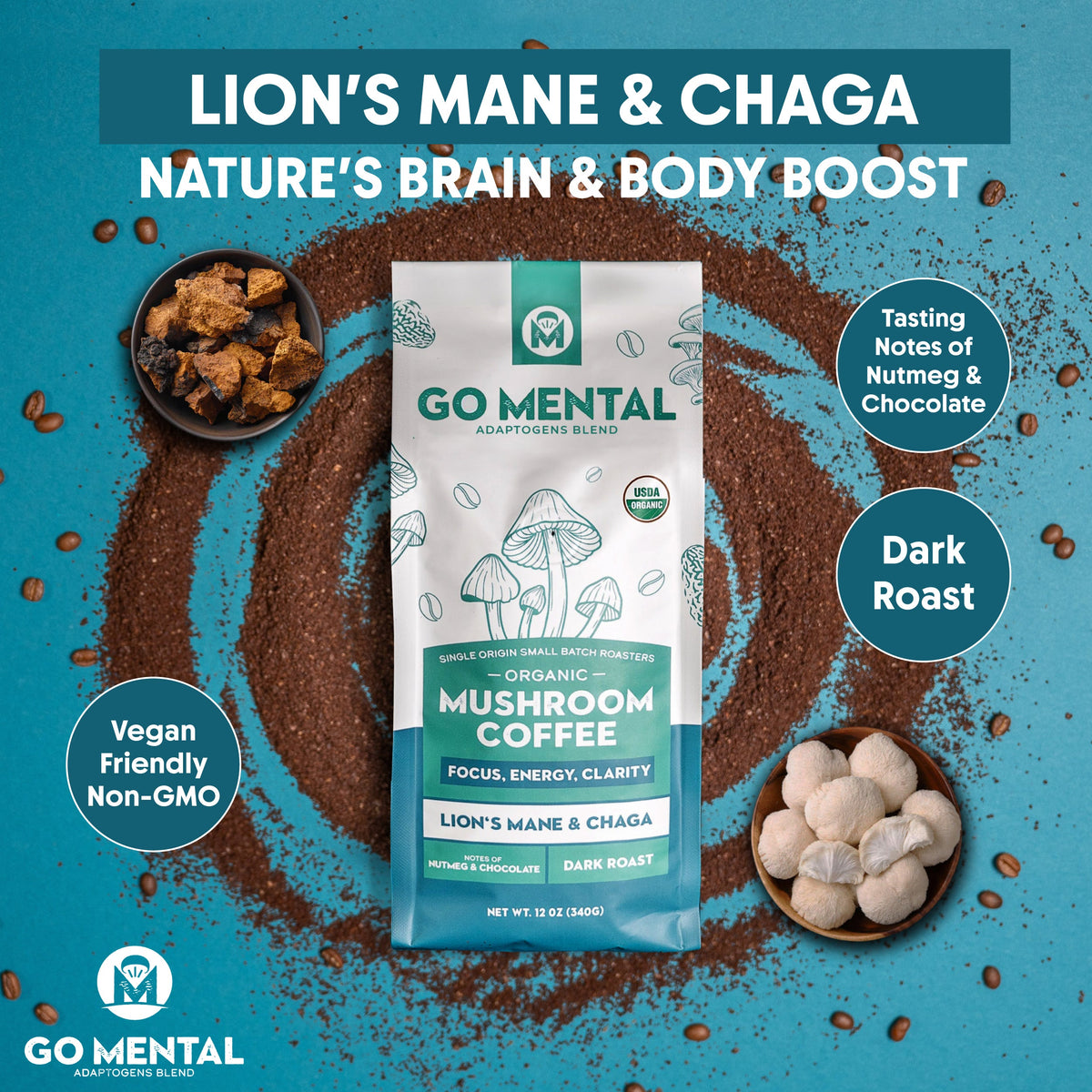 Organic Lion's Mane and Chaga Mushroom Coffee Dark Roast