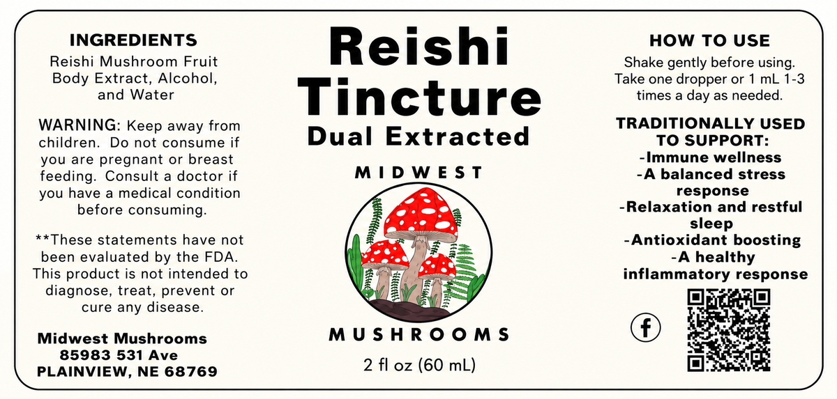 Reishi Dual-Extract Tincture label with ingredients, directions and traditional wellness support information