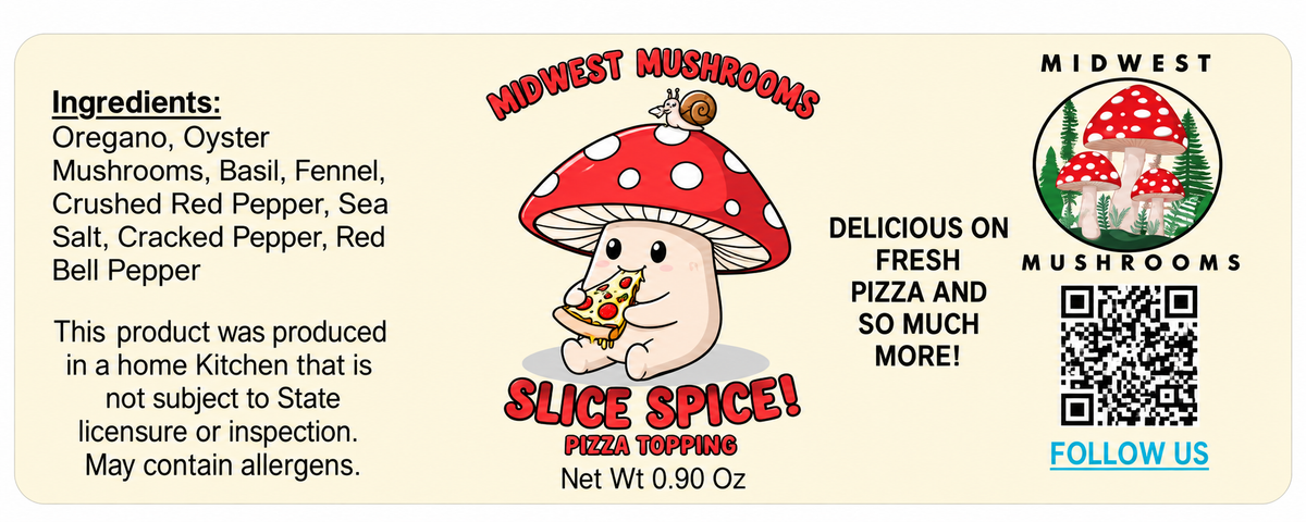 Slice Spice mushroom pizza topping label with ingredients and Midwest Mushrooms branding