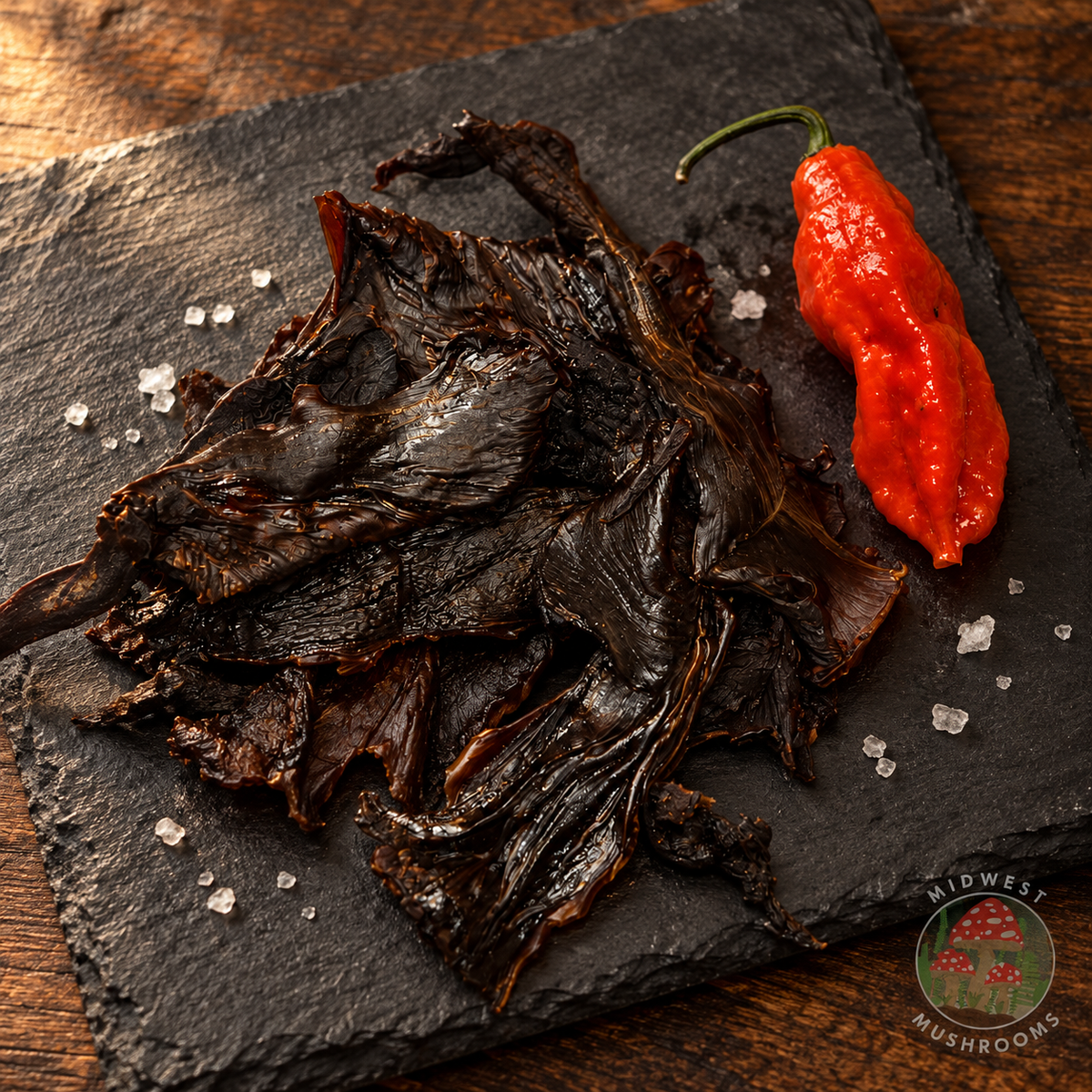 Spicy hickory-smoked mushroom jerky with a fresh ghost pepper on a slate board