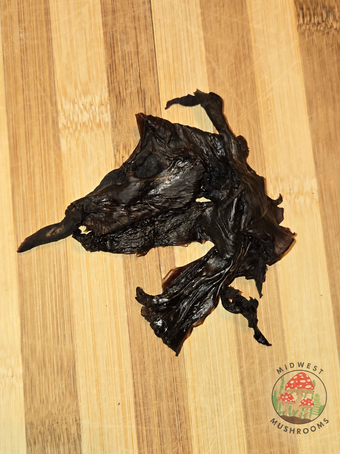 Close-up of Midwest Mushrooms spicy hickory-smoked mushroom jerky
