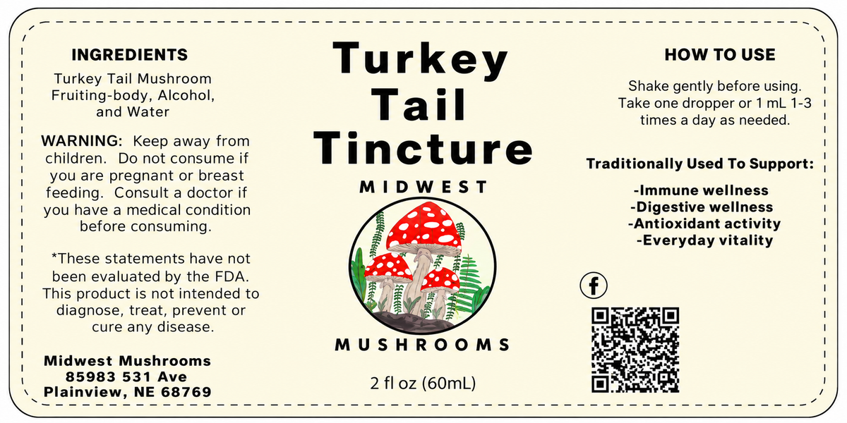 Turkey Tail tincture label with ingredients, directions, and product details